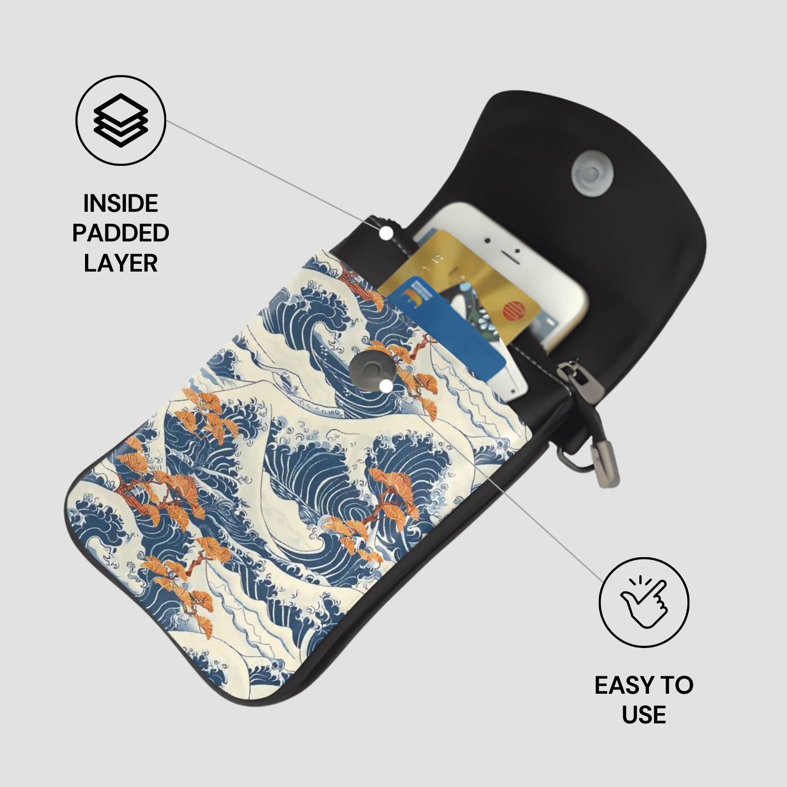 Patterned pouch with phone and cards, labeled 'Inside Padded Layer' and 'Easy to Use'. | Casenari