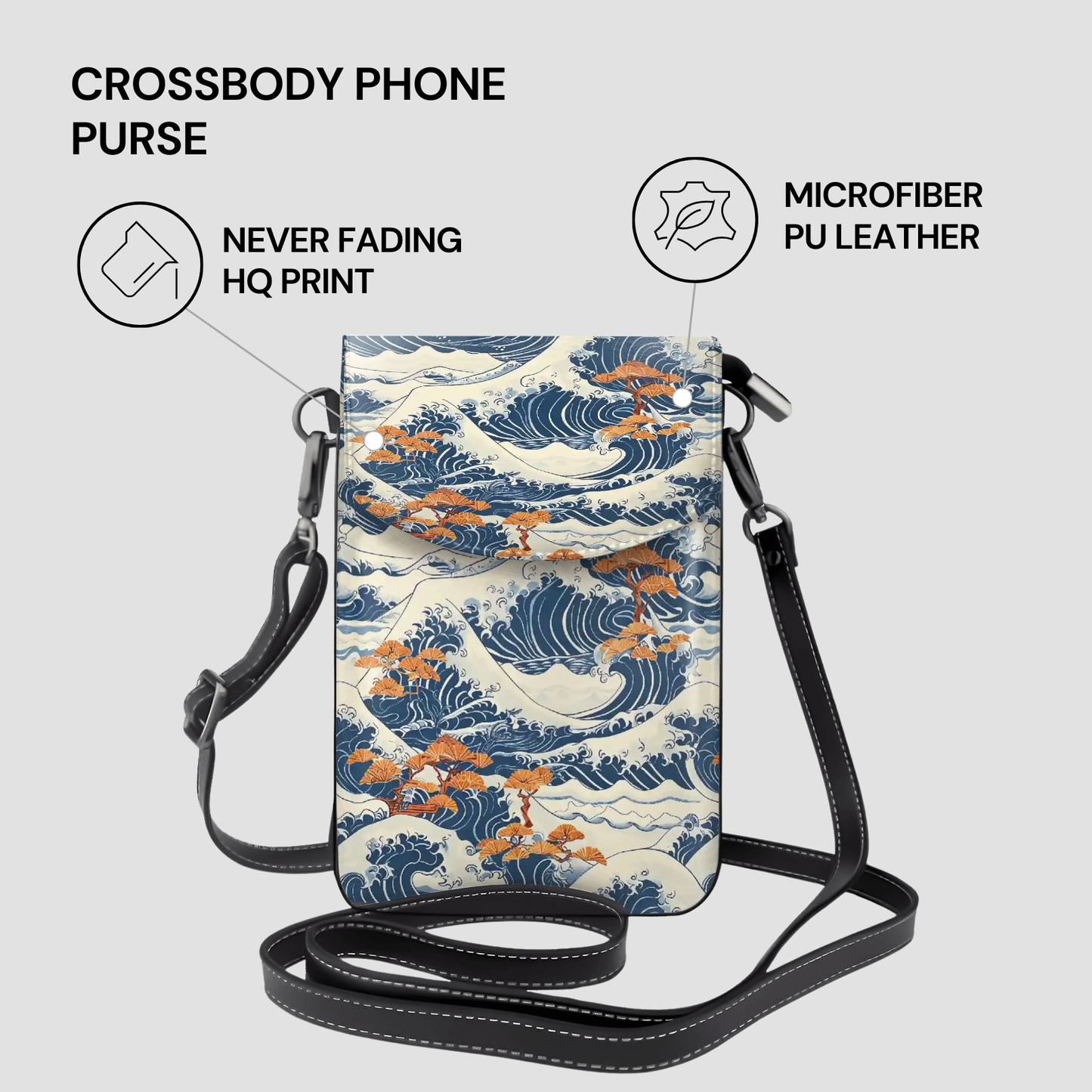 Crossbody phone purse with wave design and text highlighting features on a light gray background | Casenari