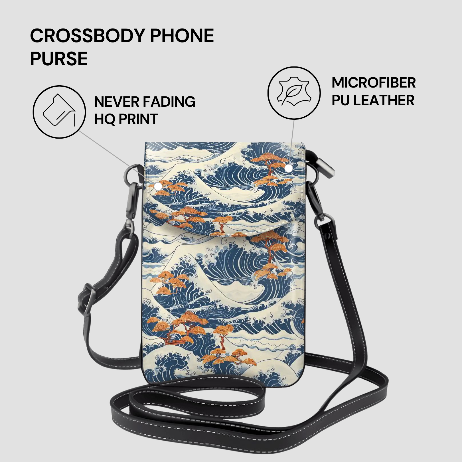 Crossbody phone purse with wave design and text highlighting features on a light gray background | Casenari