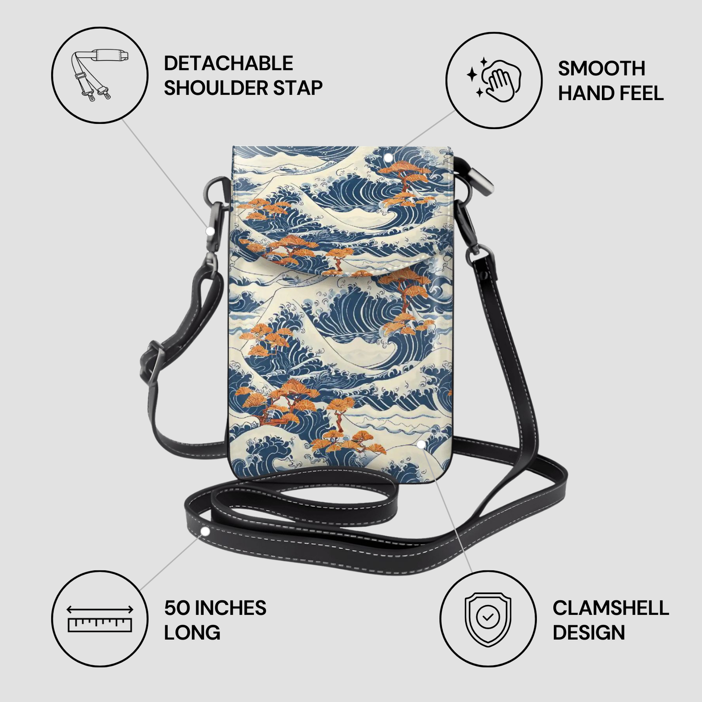 Phone crossbody bag with wave design and features listed on a light gray background | Casenari
