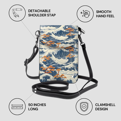 Phone crossbody bag with wave design and features listed on a light gray background | Casenari