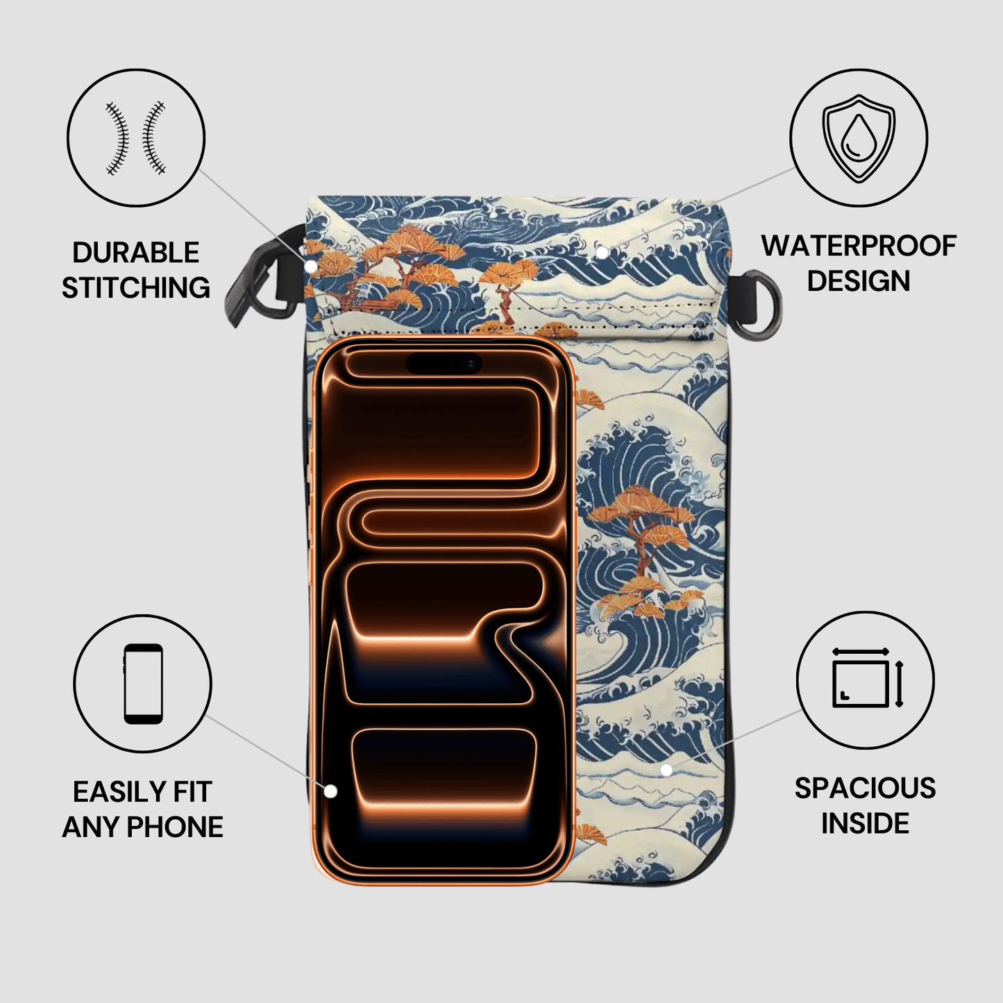 Multifunctional pouch with floral design and phone compartments on a light gray background | Casenari