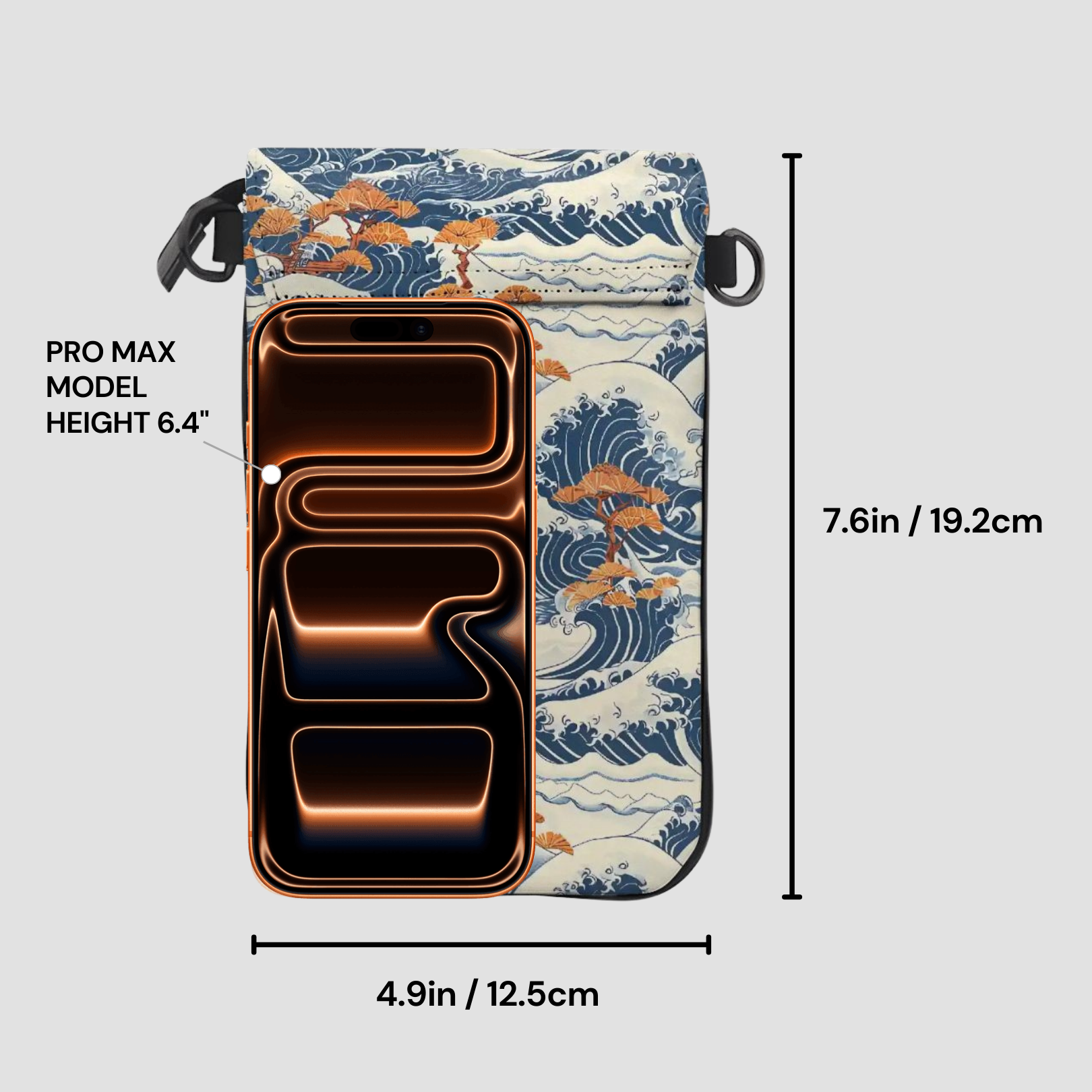 Phone case with wave design and measurements on a gray background | Casenari
