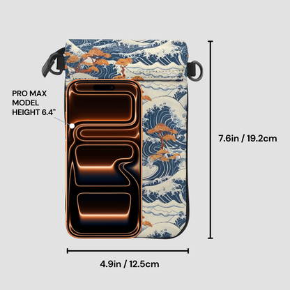 Phone case with wave design and measurements on a gray background | Casenari