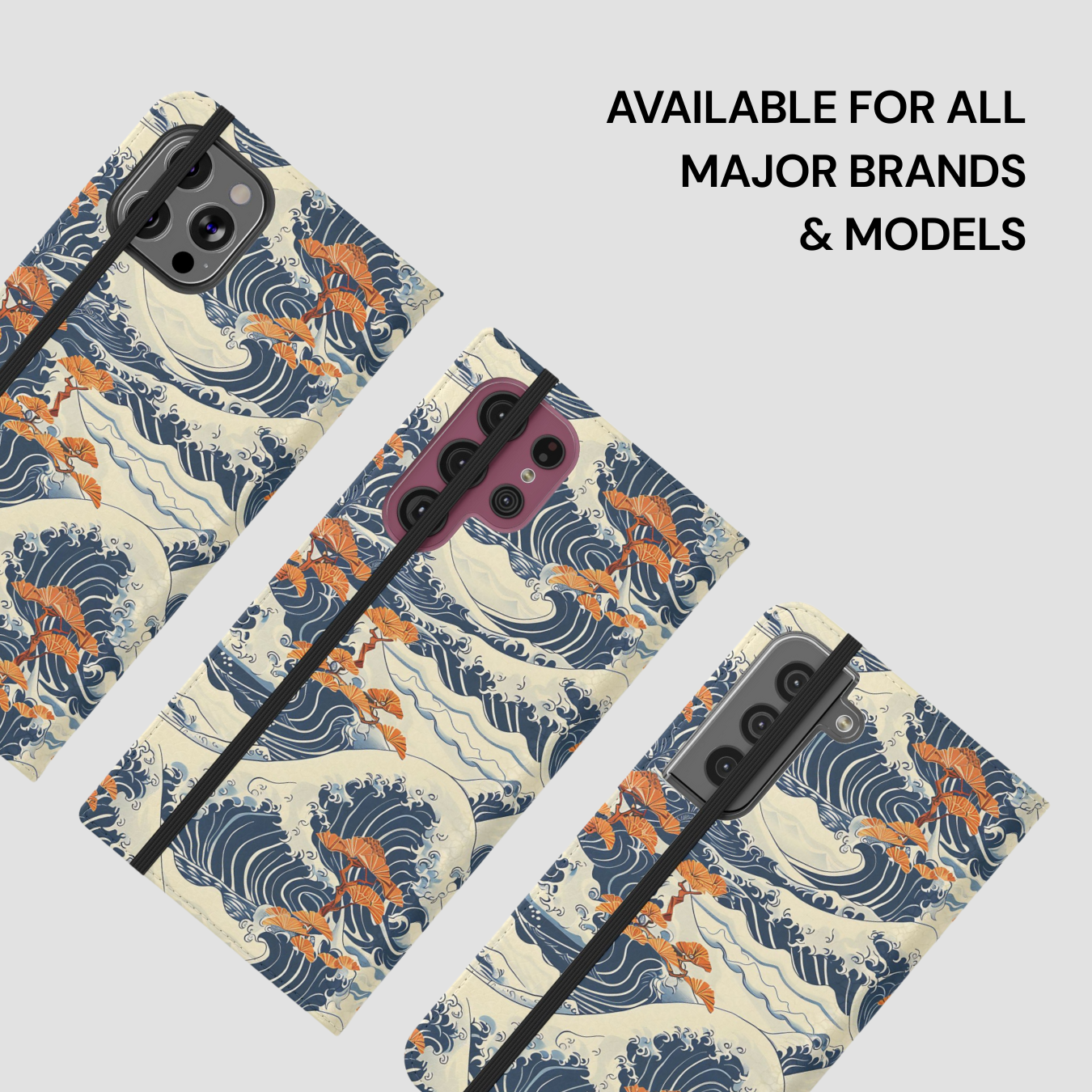 Phone cases with wave and dragon design on a light gray background | Casenari