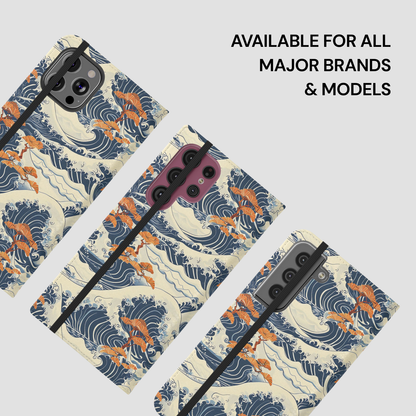 Phone cases with wave and dragon design on a light gray background | Casenari