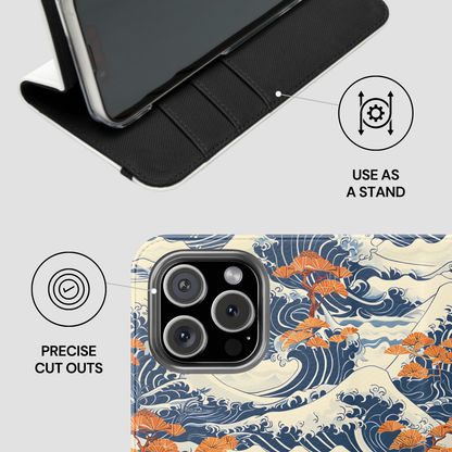 Phone case with wave design and stand feature on a light gray background | Casenari