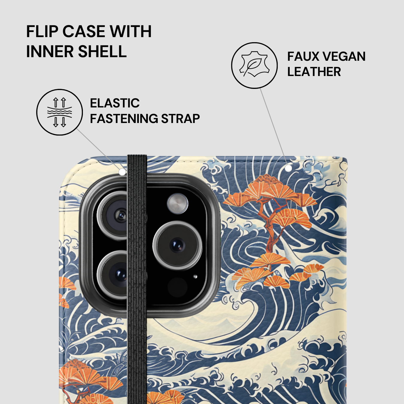 Flip case with inner shell featuring a wave and leaf design on a gray background | Casenari