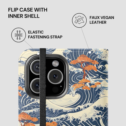 Flip case with inner shell featuring a wave and leaf design on a gray background | Casenari