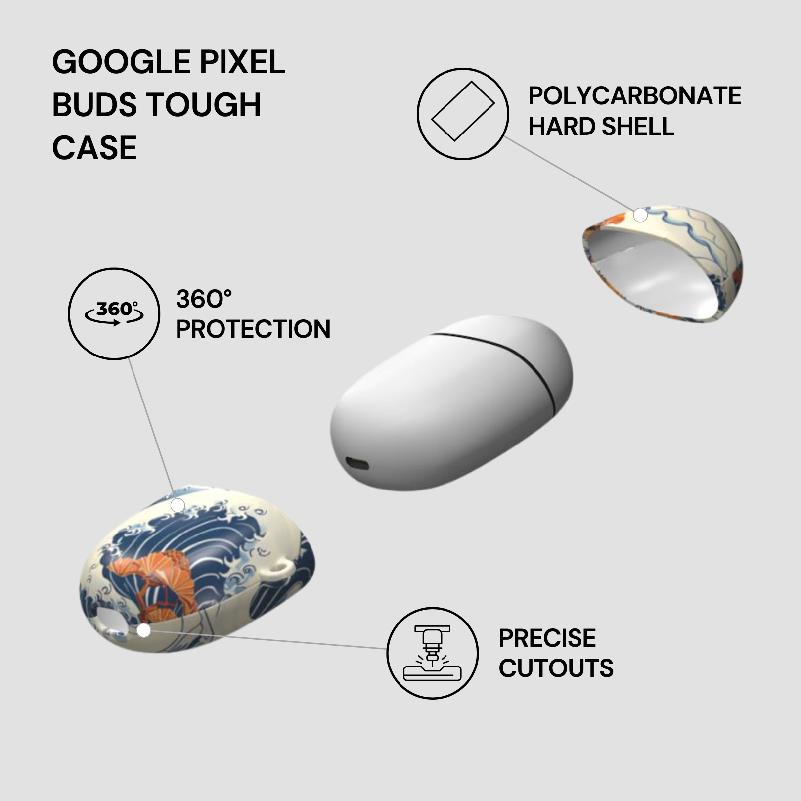 Google Pixel Buds Tough Case with features highlighted on a white background | Casenari