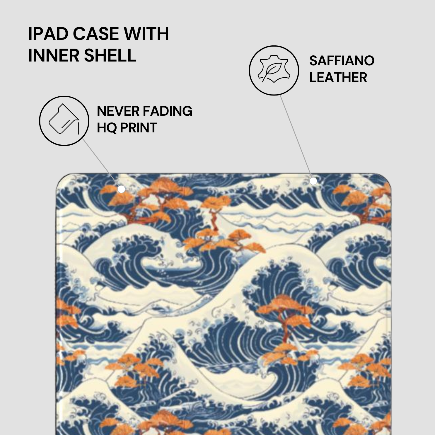 IPAD CASE WITH INNER SHELL featuring saffiano leather, never fading HQ print on a wave and orange tree design. | CASENARI