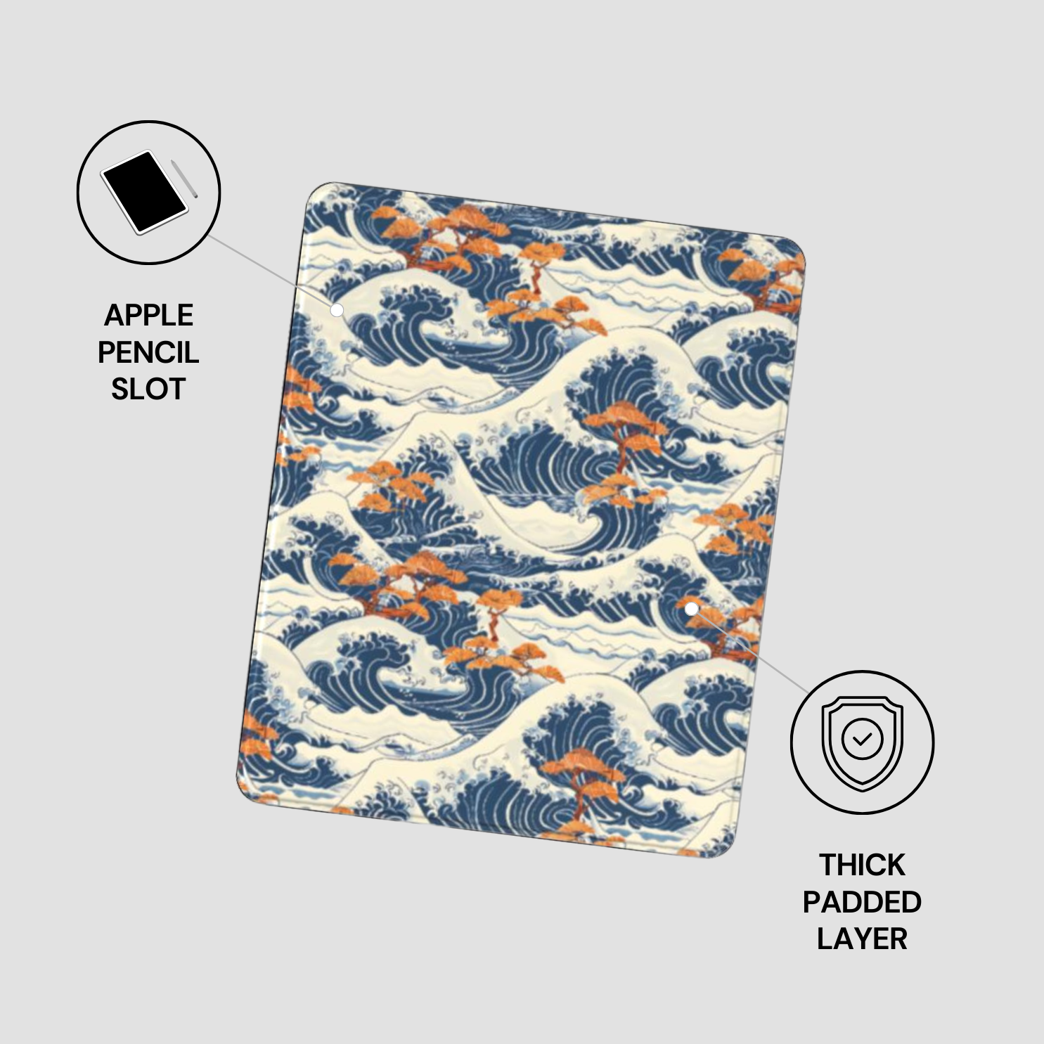 Padded case with wave pattern, Apple Pencil slot, and thick padding indicated. | casenari