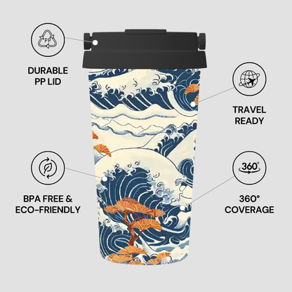 Tumbler with wave design and features listed on a gray background | Casenari