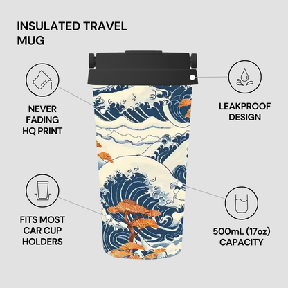 Insulated travel mug with wave design and features listed on a gray background | Casenari