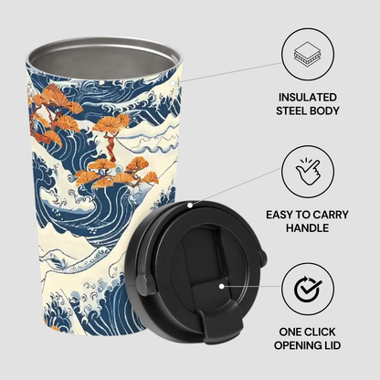 Tumbler with wave design, black lid, and features listed on a white background | Casenari