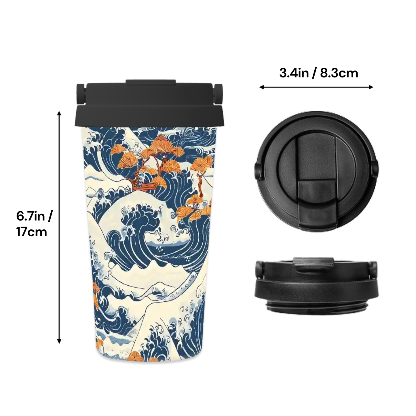 Travel mug with wave design, black lid, and measurements on a white background | Casenari