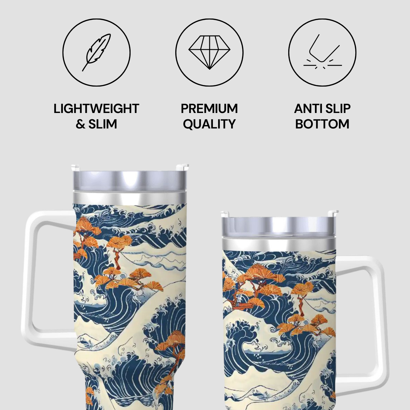 Two travel mugs with wave design and text indicating features like 'Lightweight & Slim', 'Premium Quality', and 'Anti Slip Bottom'. | Casenari