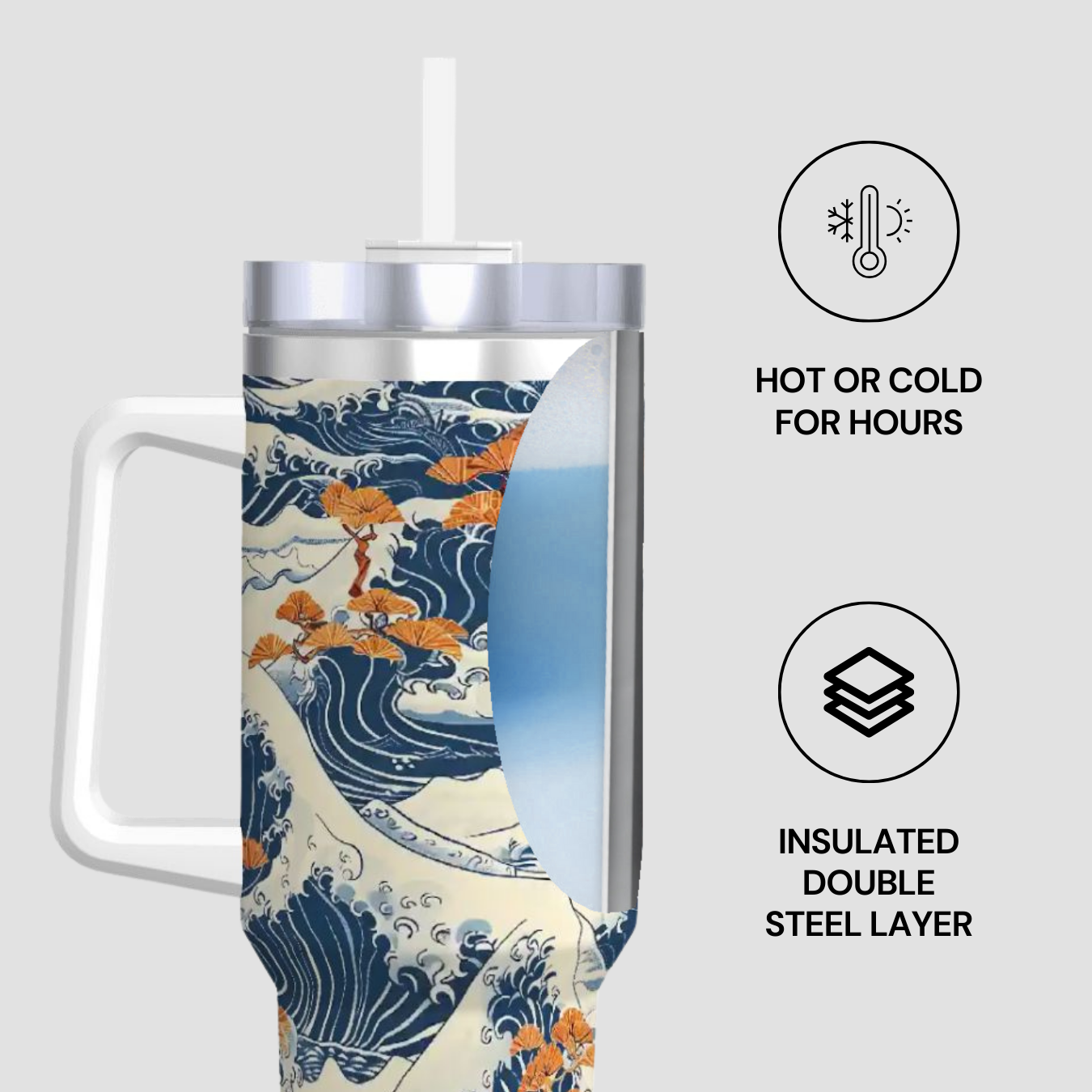 Tumbler with wave design and insulated features on a light gray background | Casenari