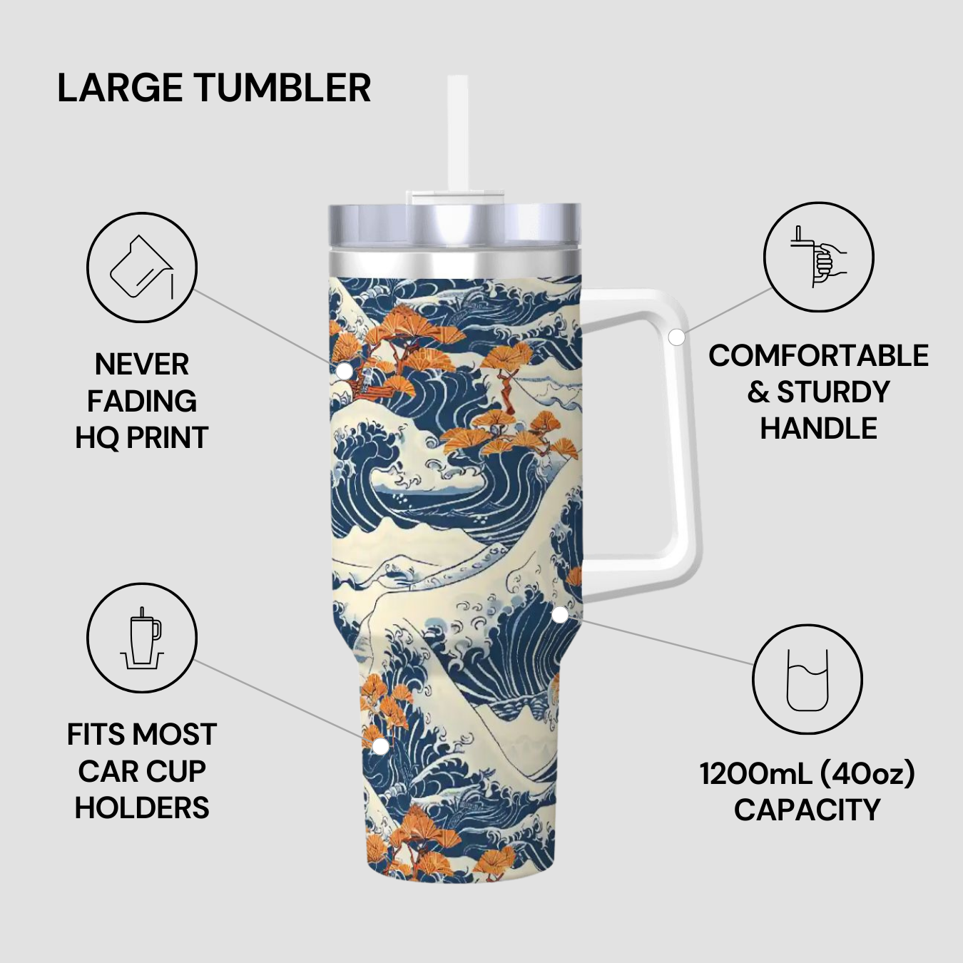 Large tumbler with wave design, handle, and text highlighting features on a light gray background | Casenari