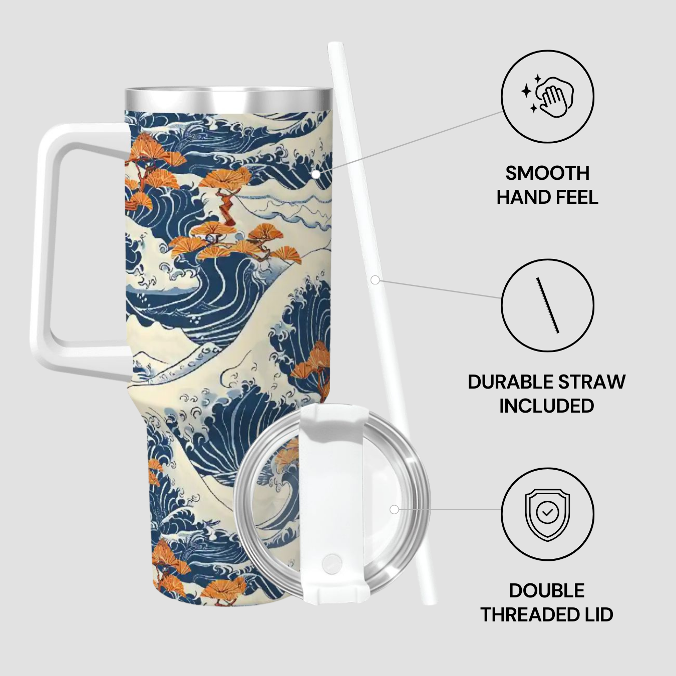 Travel mug with wave design, lid, and straw on a light gray background | Casenari