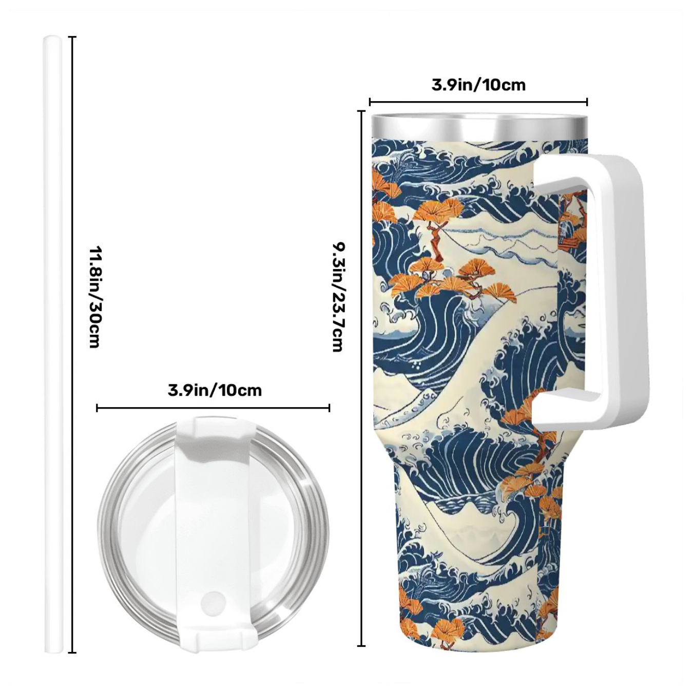 Tumbler with wave design and measurements on a white background