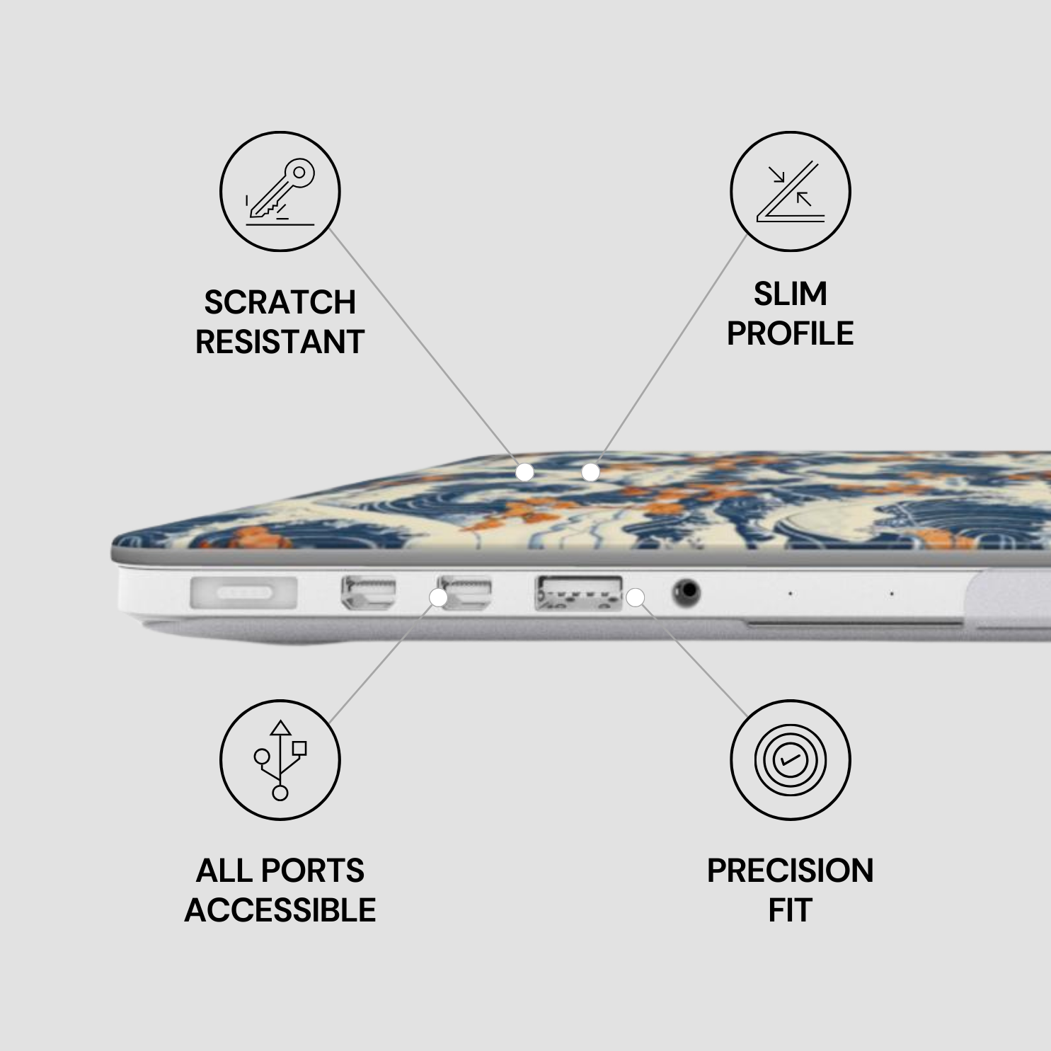 Laptop with marbled design on a light gray background, featuring text labels about features. | Casenari