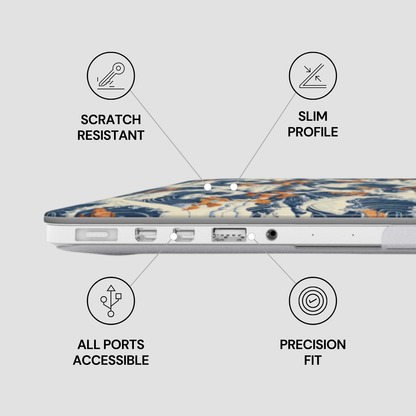 Laptop with marbled design on a light gray background, featuring text labels about features. | Casenari