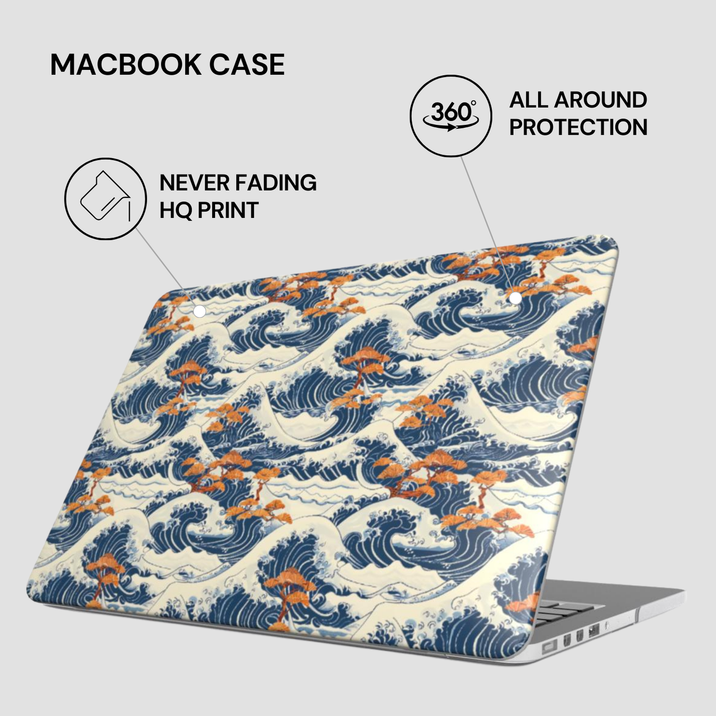 Laptop case with wave pattern and text highlighting features on a white background | Casenari