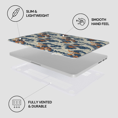 Laptop with floral design on a white background, featuring text labels about its features. | Casenari