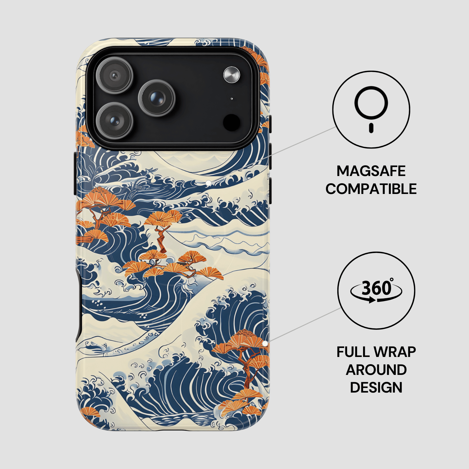 Phone case with wave design and Magsafe compatibility on a gray background | Casenari