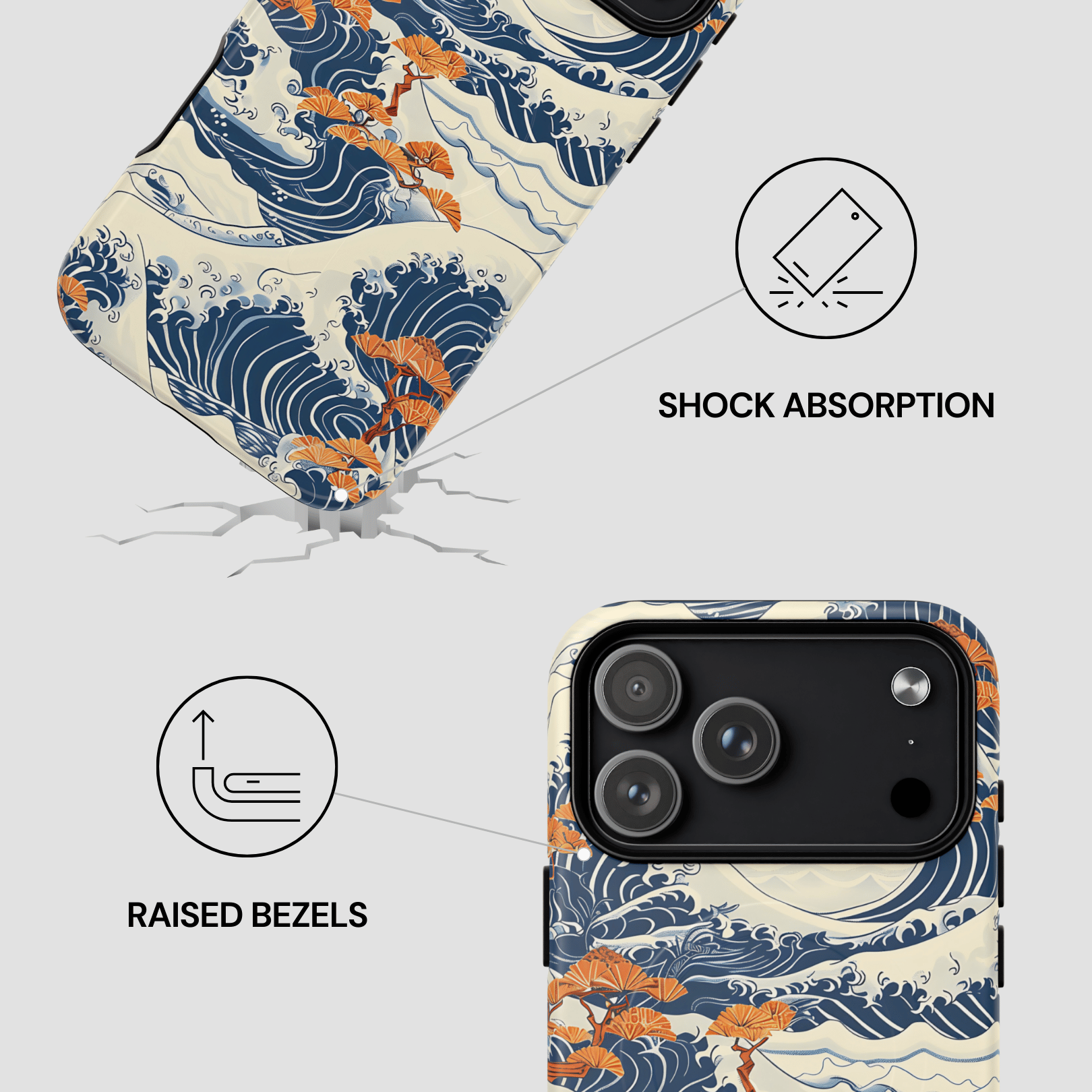 Phone case with wave design and features labeled on a white background | Casenari