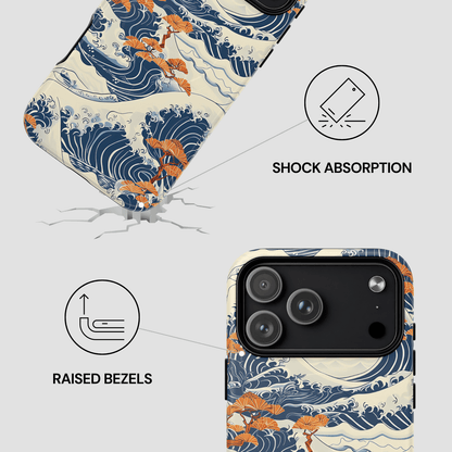 Phone case with wave design and features labeled on a white background | Casenari
