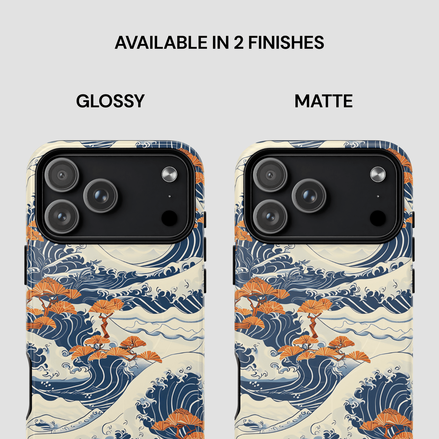 Two phone case designs with wave and cherry blossom pattern, labeled 'Glossy' and 'Matte'. | Casenari