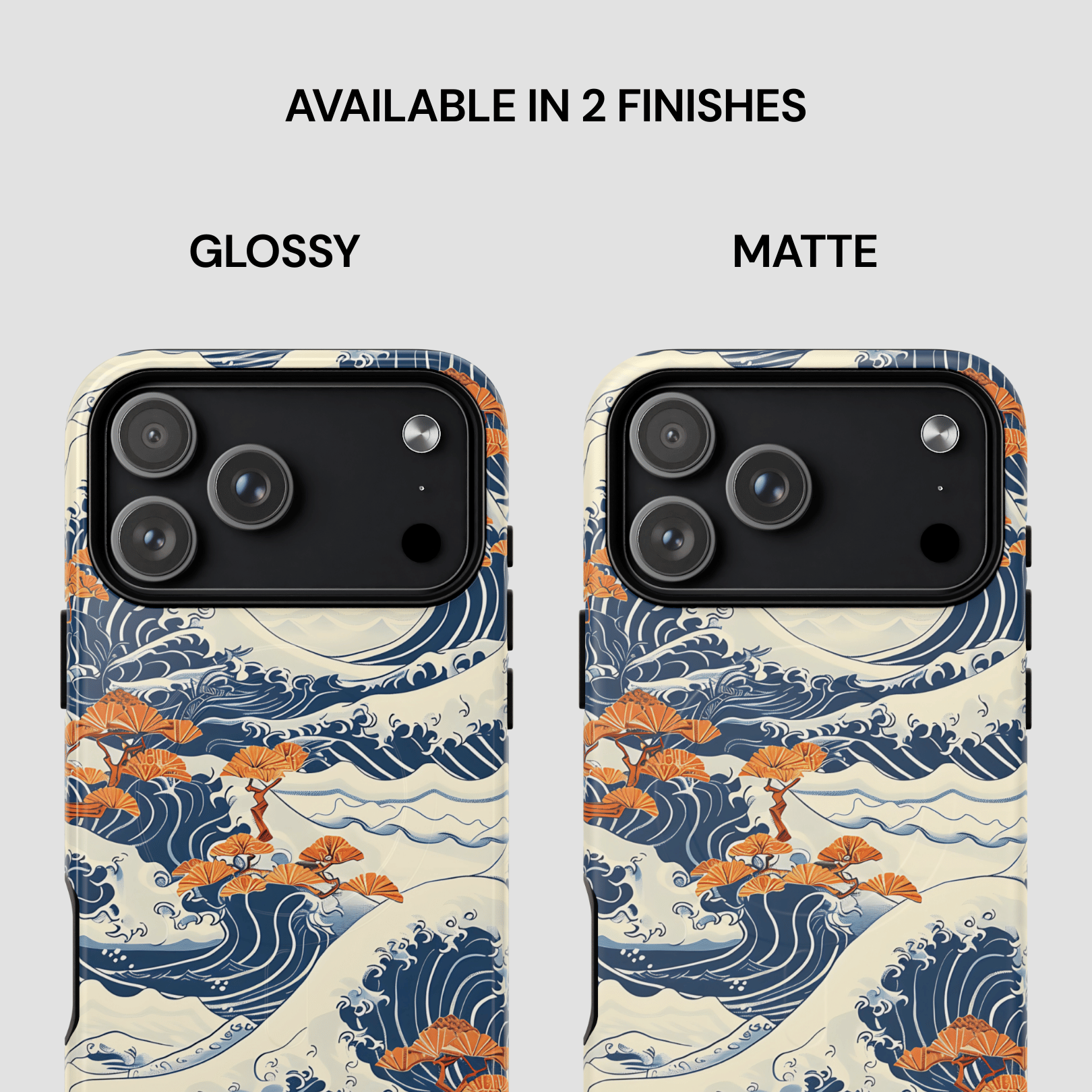 Two phone case designs with wave and cherry blossom pattern, labeled 'Glossy' and 'Matte'. | Casenari