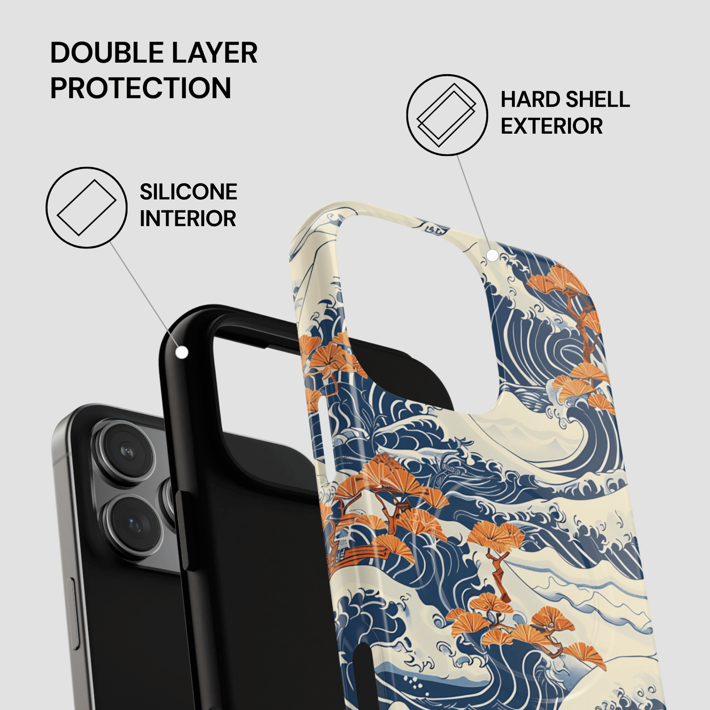 Phone case with wave design and text highlighting double layer protection. | Casenari