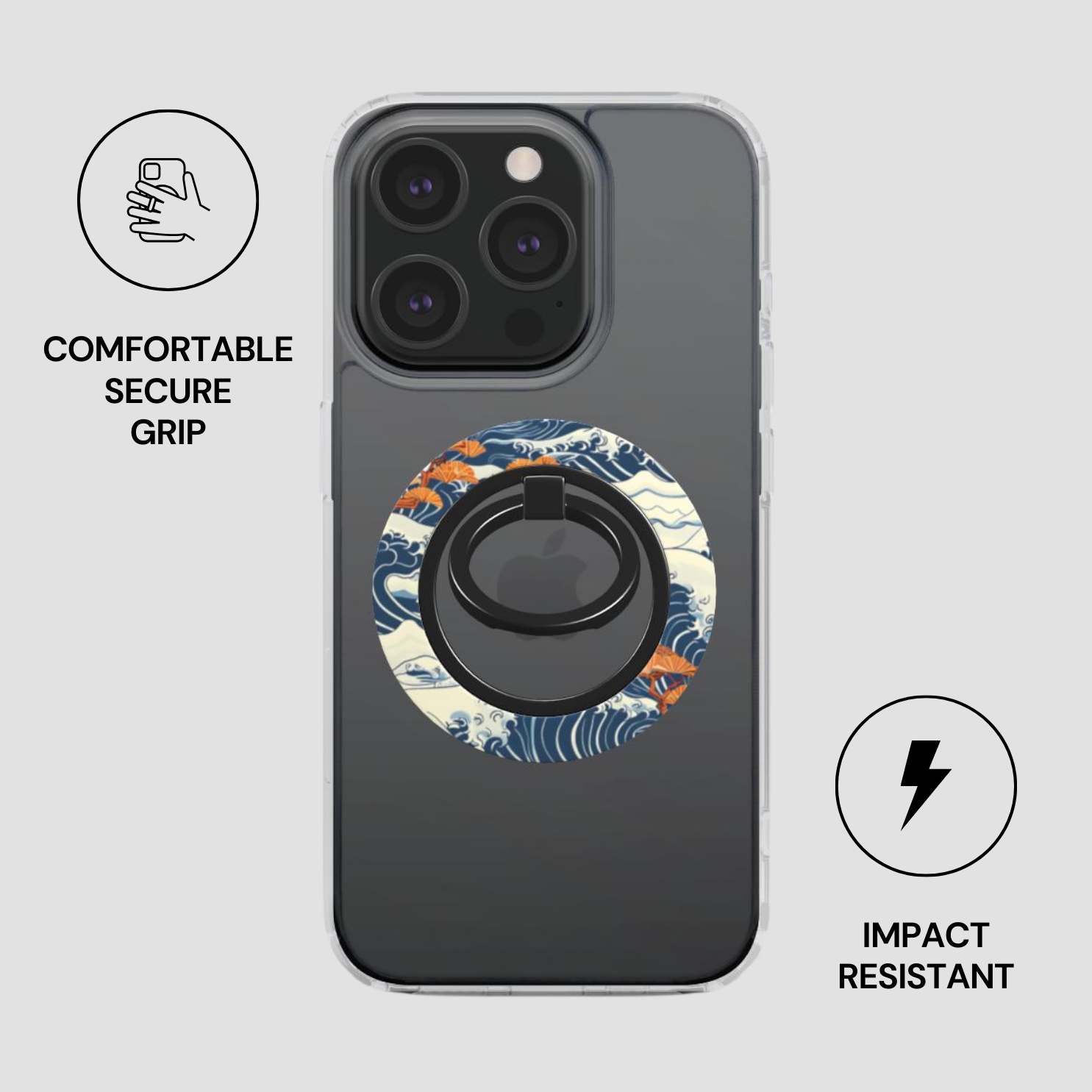 Phone case with ring holder and wave design on a gray background
