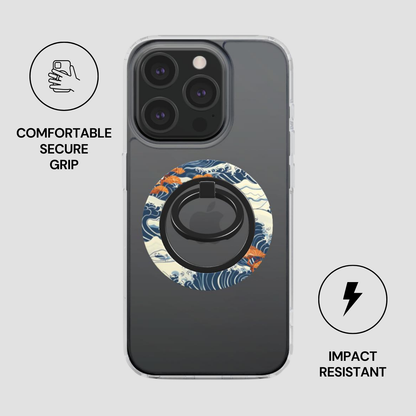 Phone case with ring holder and wave design on a gray background