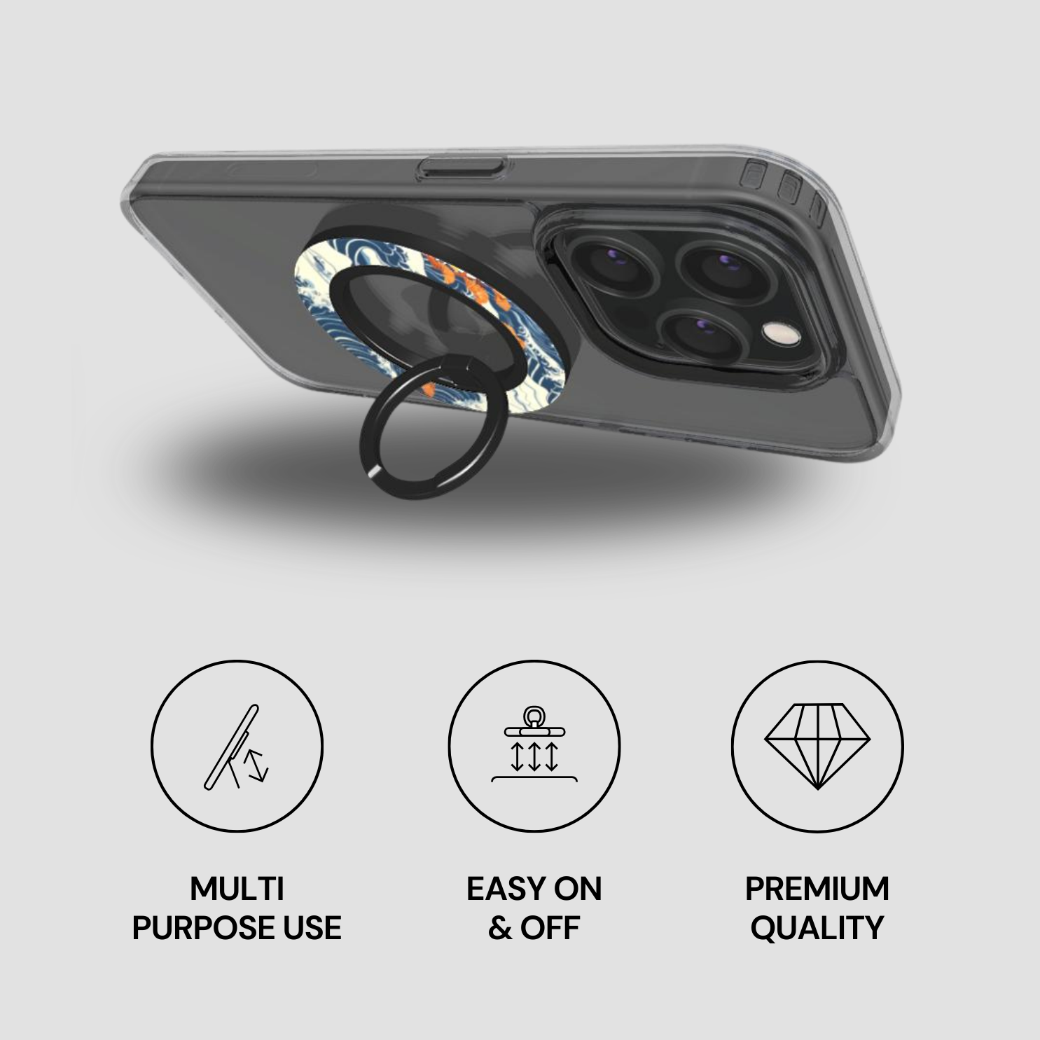 Phone case with ring holder on a gray background