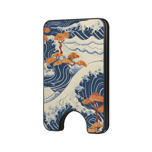 Pines & Tides magnetic wallet with universal compatibility, premium finish, slim and lightweight, and contactless friendly feature icons