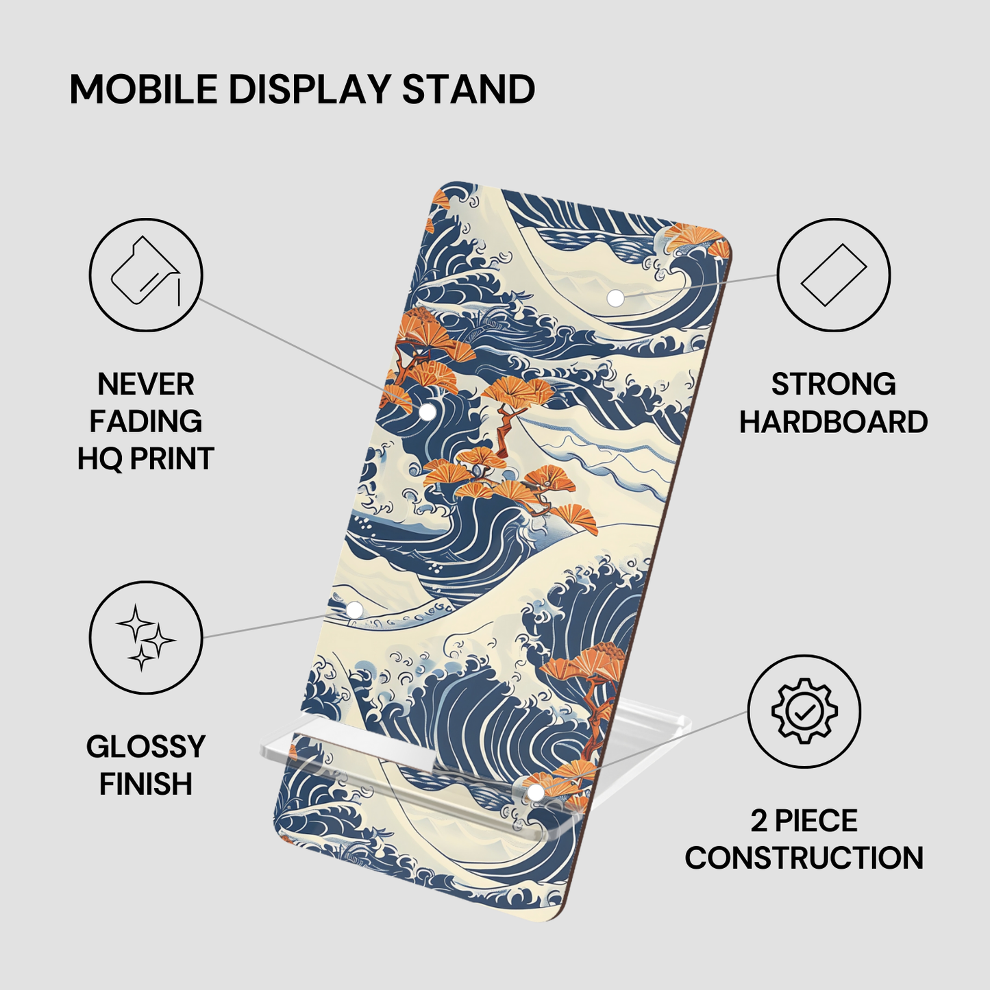 Mobile display stand with wave design and feature text on a gray background | Casenari