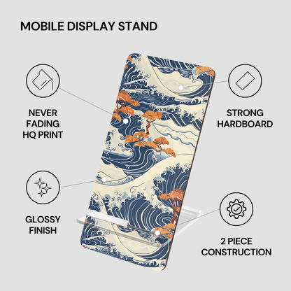 Mobile display stand with wave design and feature text on a gray background | Casenari