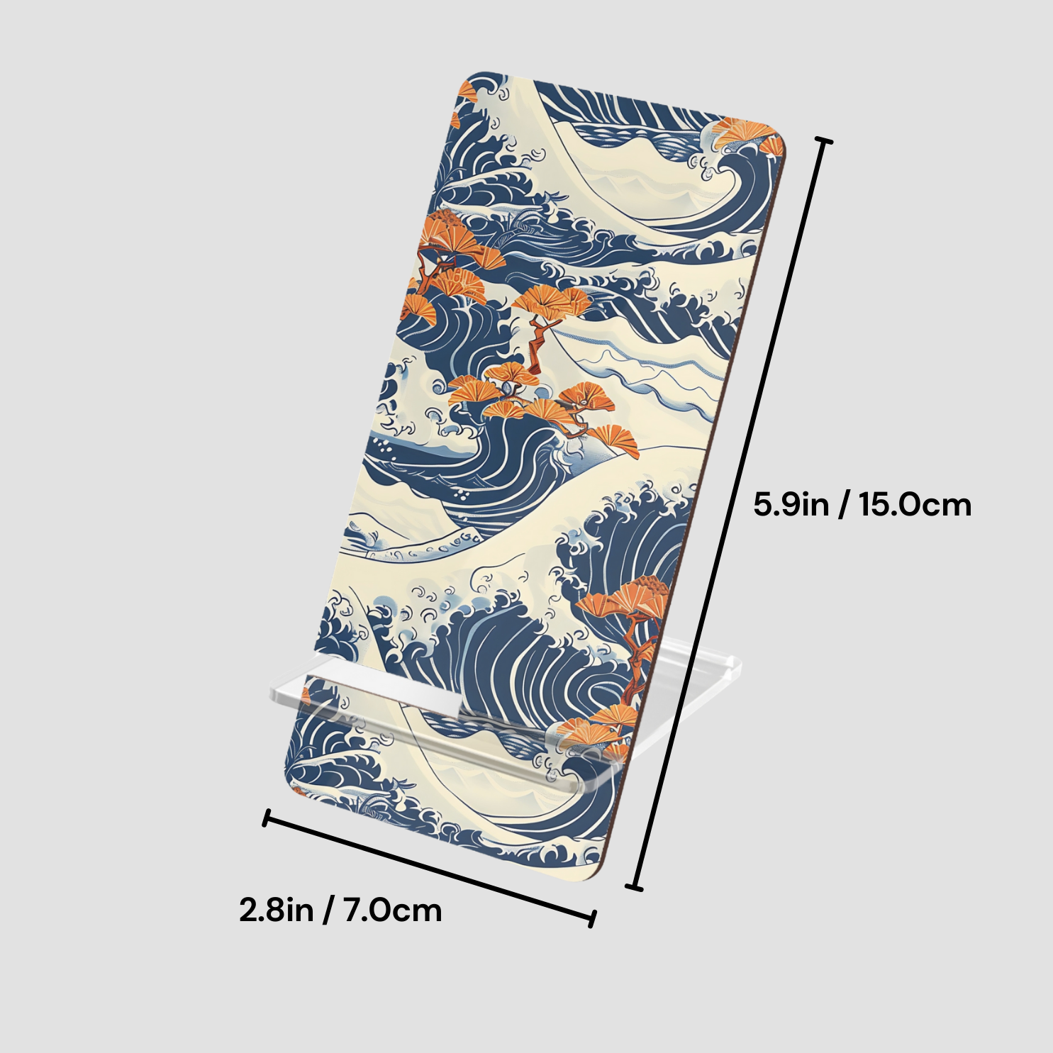 Yoga mat with wave and flower design, shown with measurements on a light gray background | Casenari