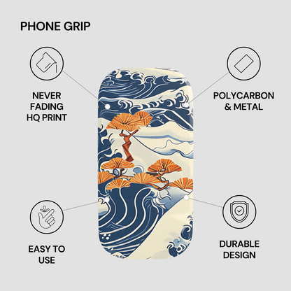 Phone grip with wave and tree design, featuring text on material and features. | Casenari