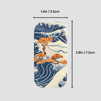 Phone case with wave and flower design, shown with measurements on a light gray background | Casenari