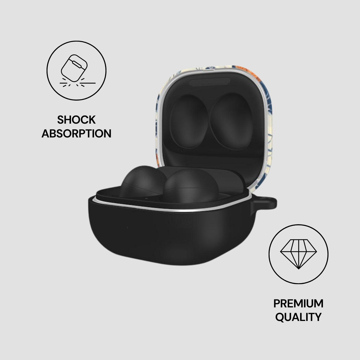 Black earbud case with floral design on a light gray background, featuring icons for shock absorption and premium quality.