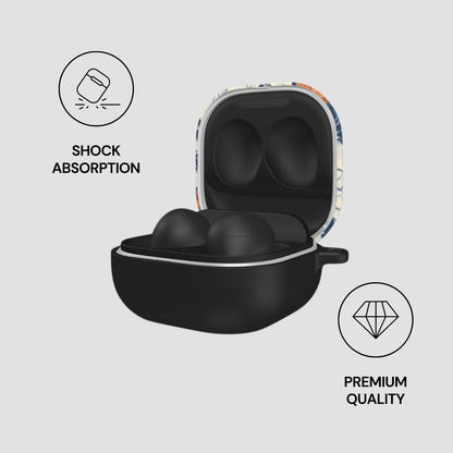 Black earbud case with floral design on a light gray background, featuring icons for shock absorption and premium quality.