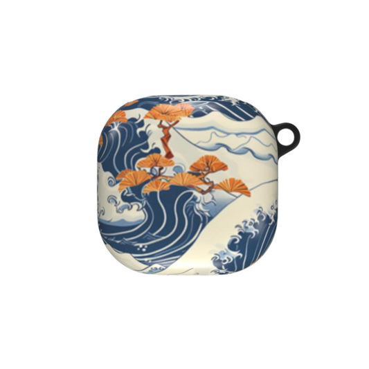 Round product case with wave and orange floral design on a white background