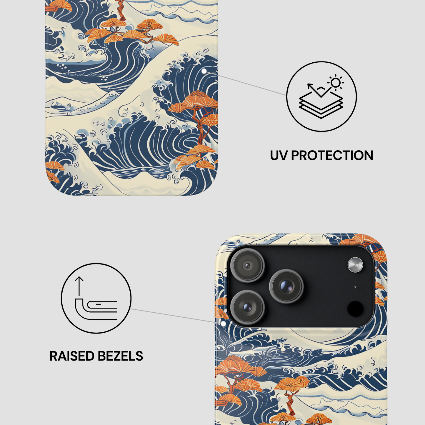 Phone case with wave design, UV protection, and raised bezels features on a light gray background | Casenari