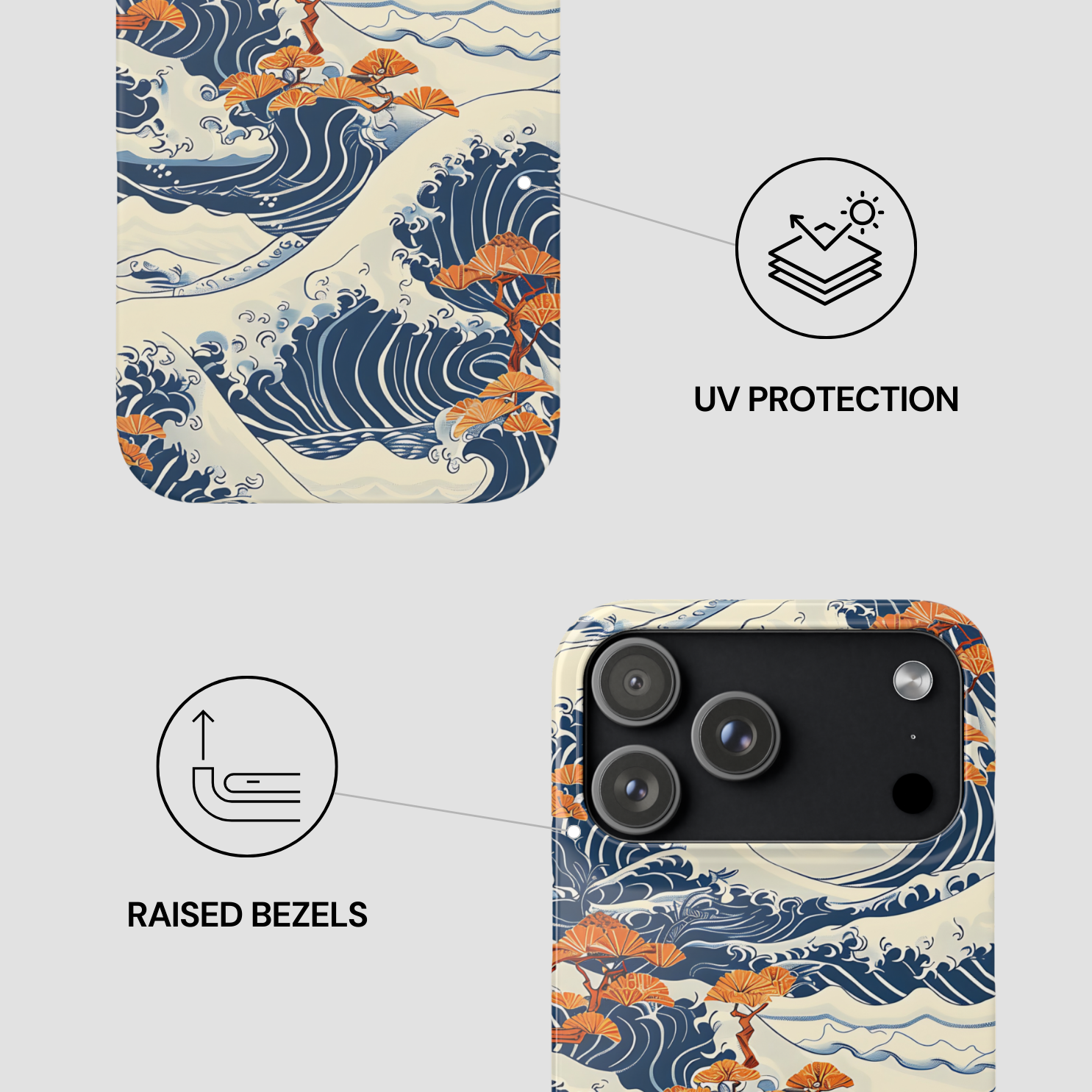 Phone case with wave design, UV protection, and raised bezels features on a light gray background | Casenari