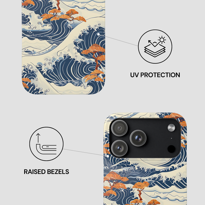 Phone case with wave design, UV protection, and raised bezels features on a light gray background | Casenari